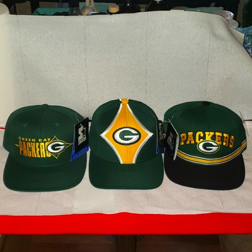 New Lot of 3 Green Bay Packers Offical NFL Football Starter Proline Ball cap hat